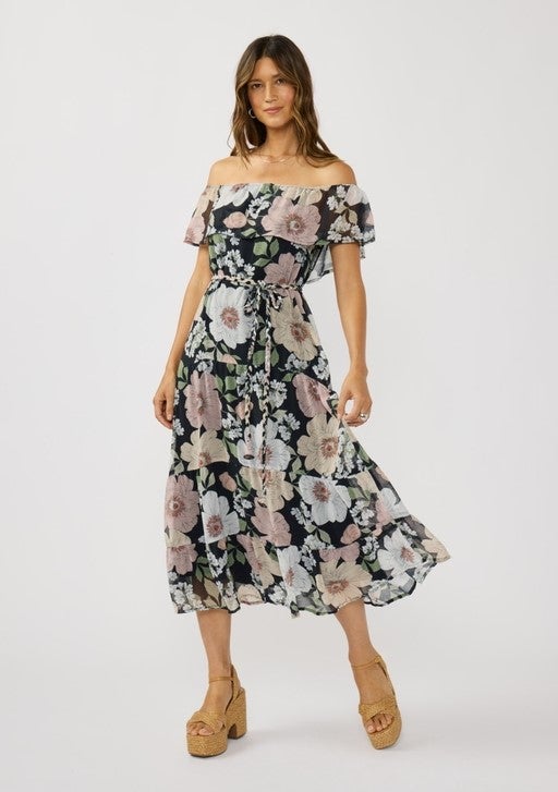 black floral off shoulder maxi dress Baltic Born Womens Kinsley Off Shoulder Maxi Dress | Black Floral